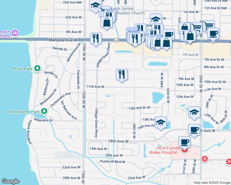 map of restaurants, bars, coffee shops, grocery stores, and more near 7016 Playa Bella Drive in Bradenton
