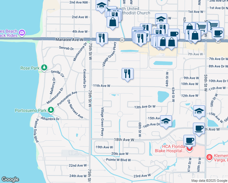 map of restaurants, bars, coffee shops, grocery stores, and more near 7110 Playa Bella Drive in Bradenton