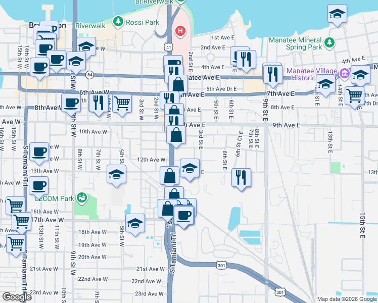 map of restaurants, bars, coffee shops, grocery stores, and more near 113 12th Avenue East in Bradenton
