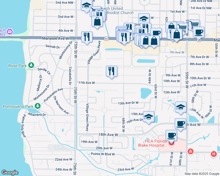 map of restaurants, bars, coffee shops, grocery stores, and more near 7005 Playa Bella Drive in Bradenton