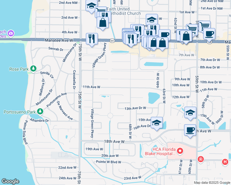 map of restaurants, bars, coffee shops, grocery stores, and more near 7005 Playa Bella Drive in Bradenton