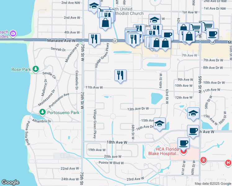 map of restaurants, bars, coffee shops, grocery stores, and more near 7005 Playa Bella Drive in Bradenton