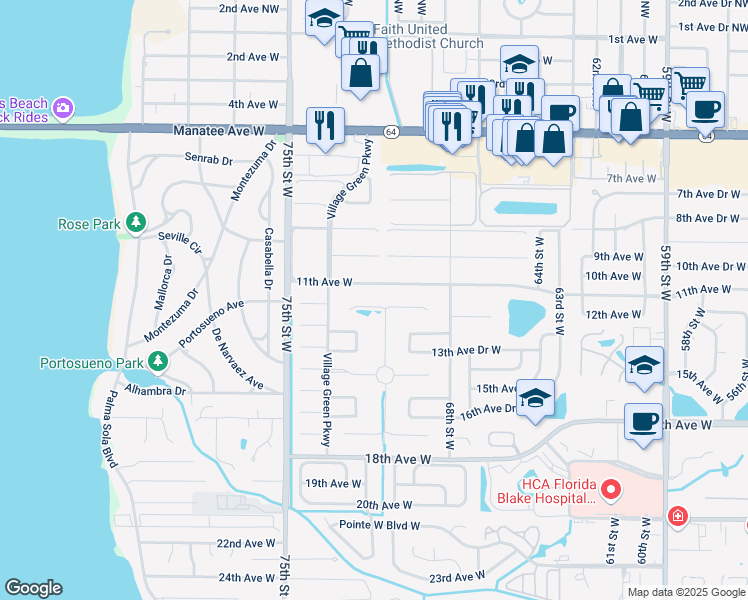 map of restaurants, bars, coffee shops, grocery stores, and more near 7204 13th Avenue West in Bradenton