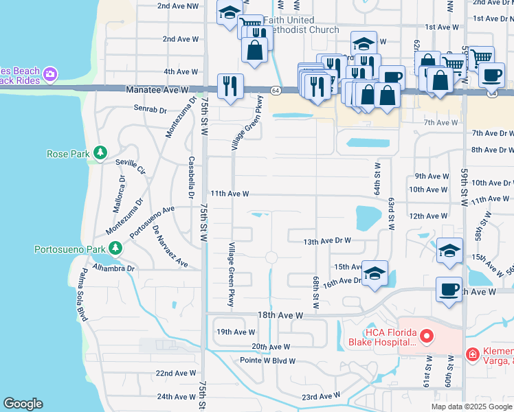 map of restaurants, bars, coffee shops, grocery stores, and more near 7204 13th Avenue West in Bradenton