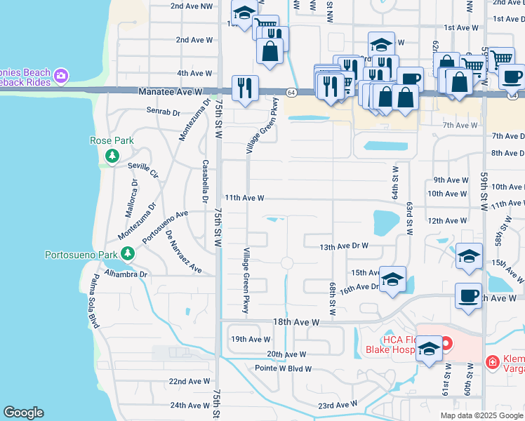 map of restaurants, bars, coffee shops, grocery stores, and more near 7204 13th Avenue West in Bradenton