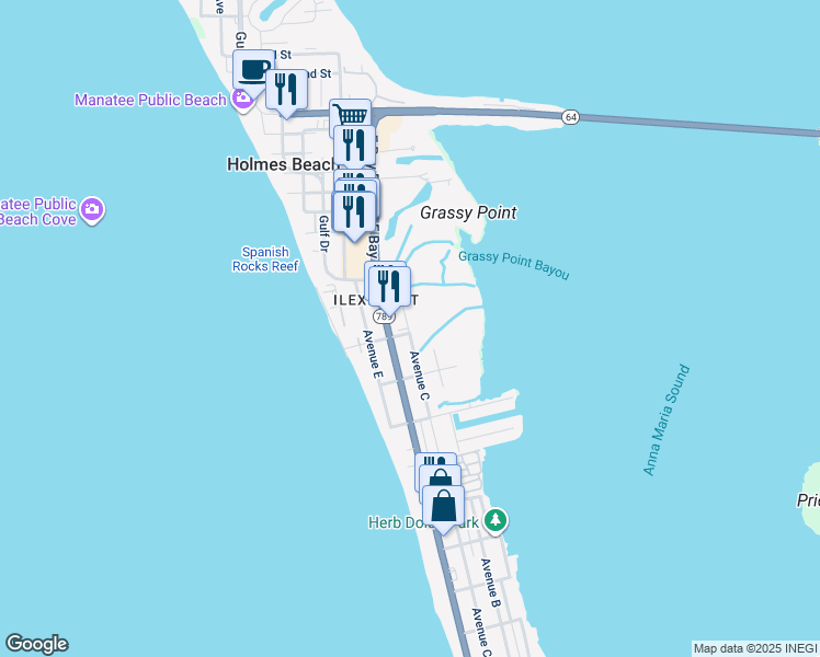 map of restaurants, bars, coffee shops, grocery stores, and more near 2911 Avenue C in Holmes Beach