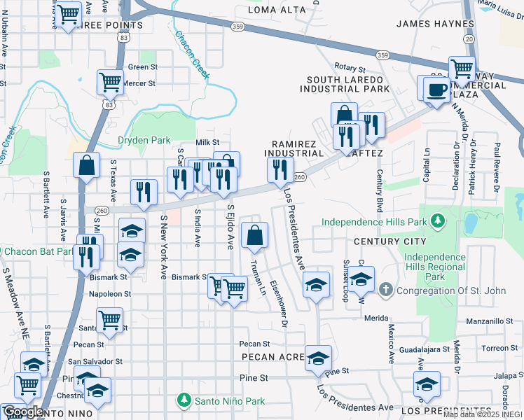 map of restaurants, bars, coffee shops, grocery stores, and more near 1107 Eisenhower Drive in Laredo