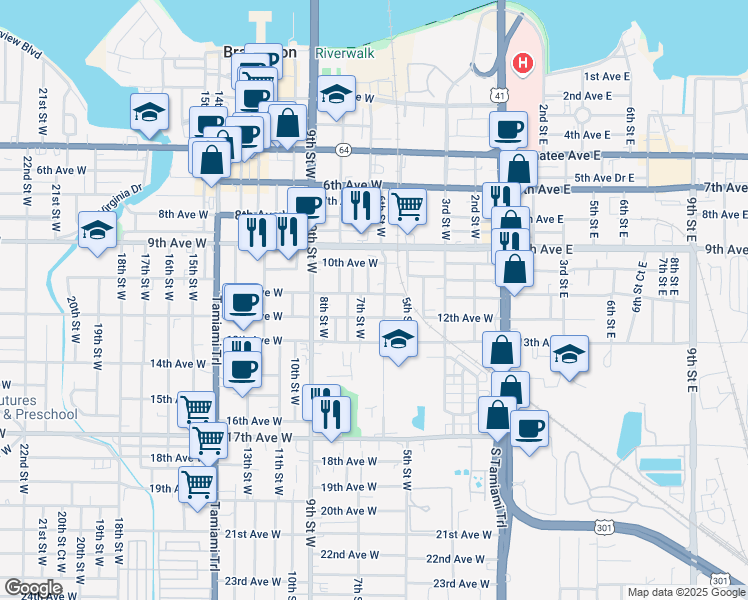 map of restaurants, bars, coffee shops, grocery stores, and more near 625 12th Avenue West in Bradenton