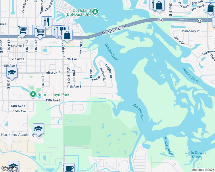 map of restaurants, bars, coffee shops, grocery stores, and more near 3115 12th Avenue East in Bradenton
