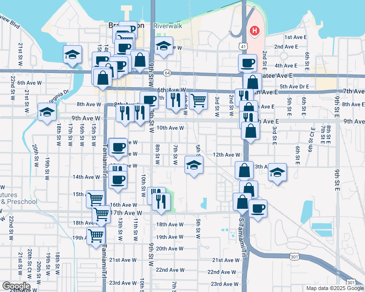 map of restaurants, bars, coffee shops, grocery stores, and more near 625 12th Avenue West in Bradenton