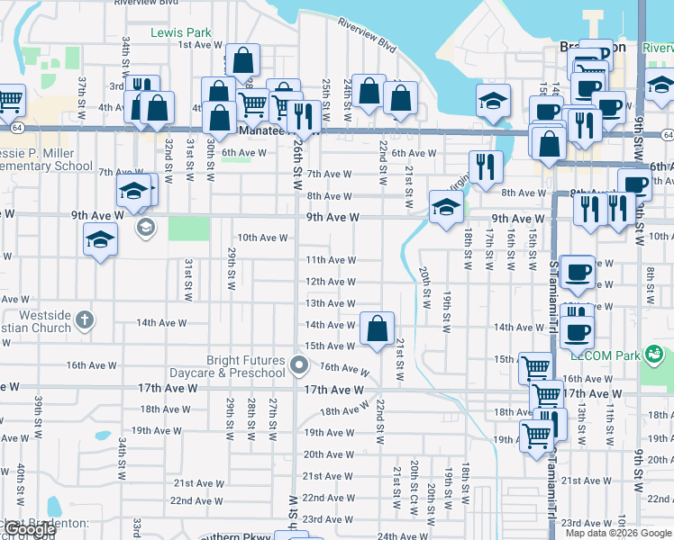 map of restaurants, bars, coffee shops, grocery stores, and more near 2401 12th Avenue West in Bradenton
