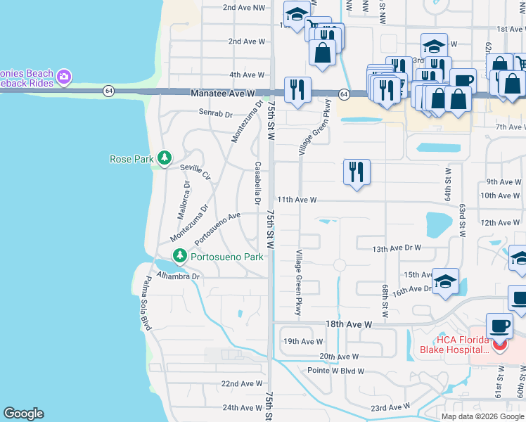 map of restaurants, bars, coffee shops, grocery stores, and more near 1341 75th Street West in Bradenton