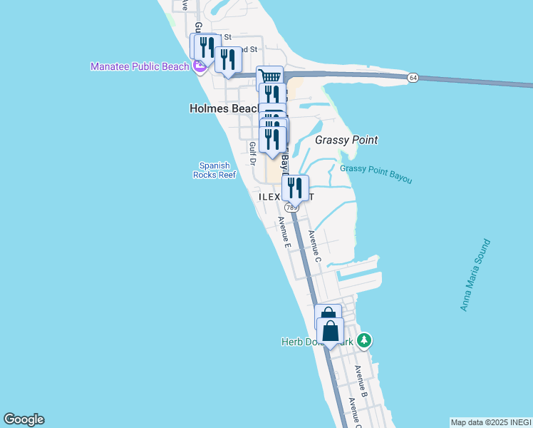 map of restaurants, bars, coffee shops, grocery stores, and more near 3002 Avenue F in Holmes Beach