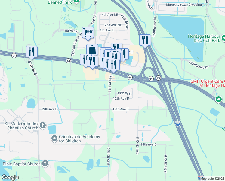 map of restaurants, bars, coffee shops, grocery stores, and more near 1108 64th Street Court East in Bradenton