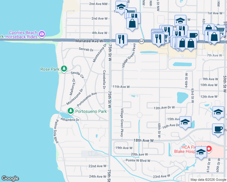 map of restaurants, bars, coffee shops, grocery stores, and more near 7406 12th Avenue West in Bradenton