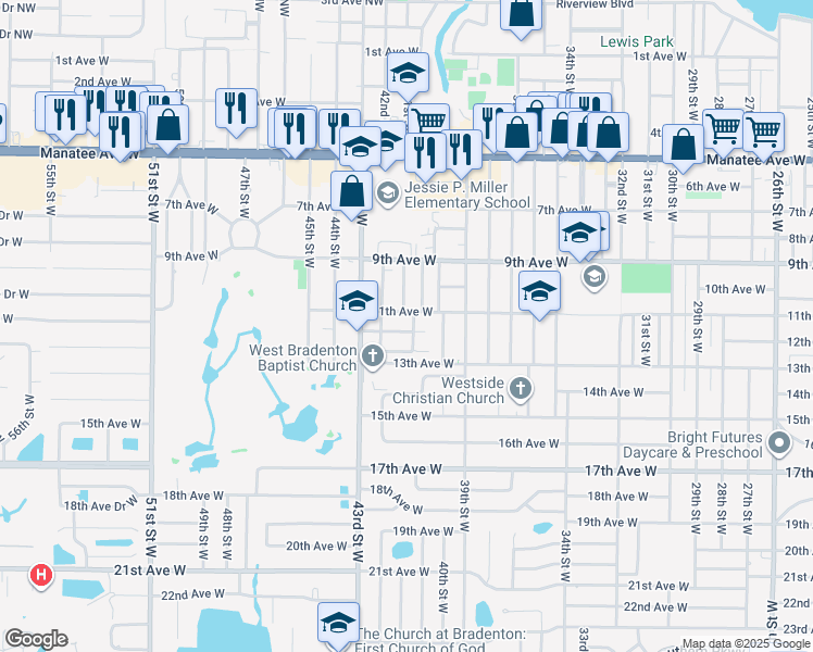 map of restaurants, bars, coffee shops, grocery stores, and more near 1017 41st Street Court West in Bradenton