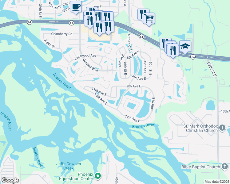 map of restaurants, bars, coffee shops, grocery stores, and more near 4411 9th Avenue East in Bradenton