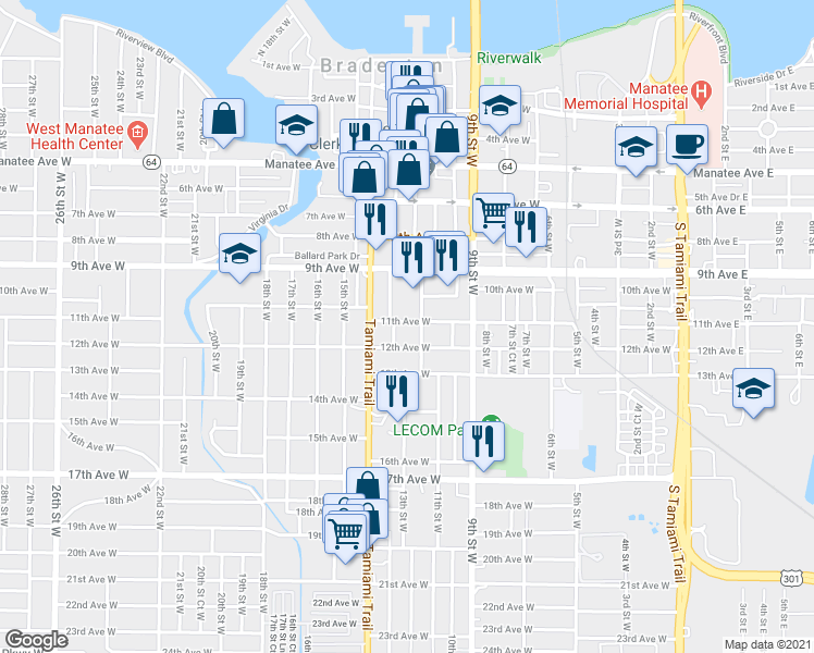 map of restaurants, bars, coffee shops, grocery stores, and more near 1014 12th Street West in Bradenton