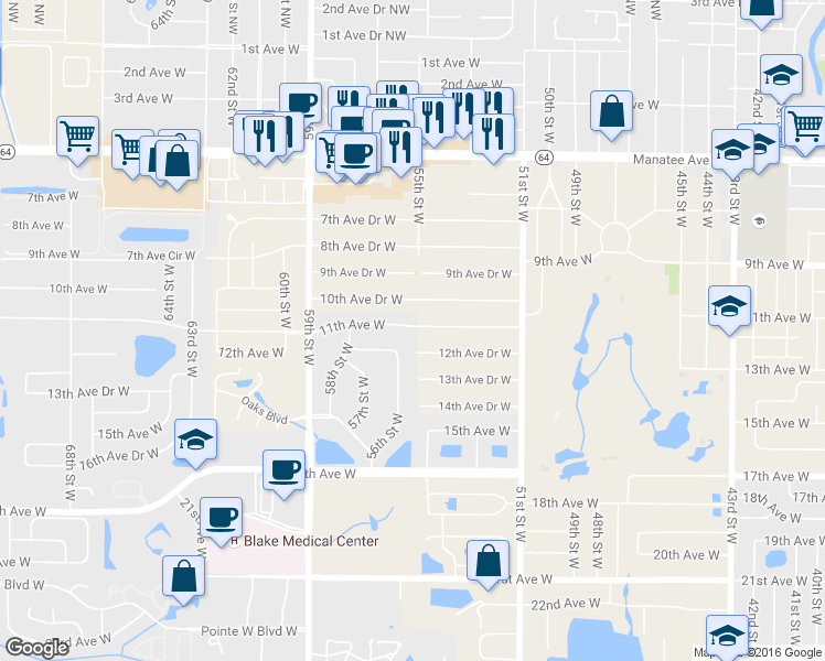 map of restaurants, bars, coffee shops, grocery stores, and more near 5517 10th Avenue Drive West in Bradenton