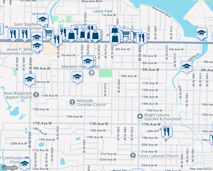 map of restaurants, bars, coffee shops, grocery stores, and more near 1105 31st Street West in Bradenton