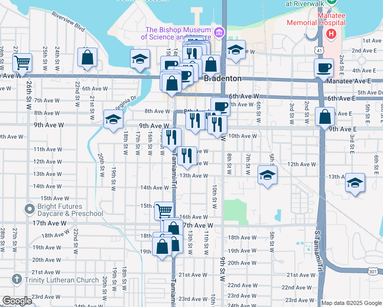 map of restaurants, bars, coffee shops, grocery stores, and more near 1215 11th Avenue West in Bradenton