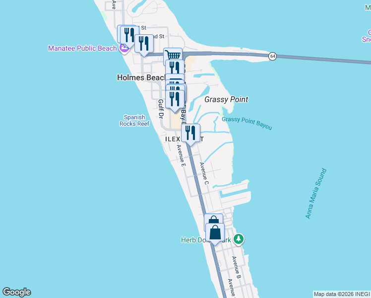 map of restaurants, bars, coffee shops, grocery stores, and more near 3015 Gulf Drive North in Holmes Beach