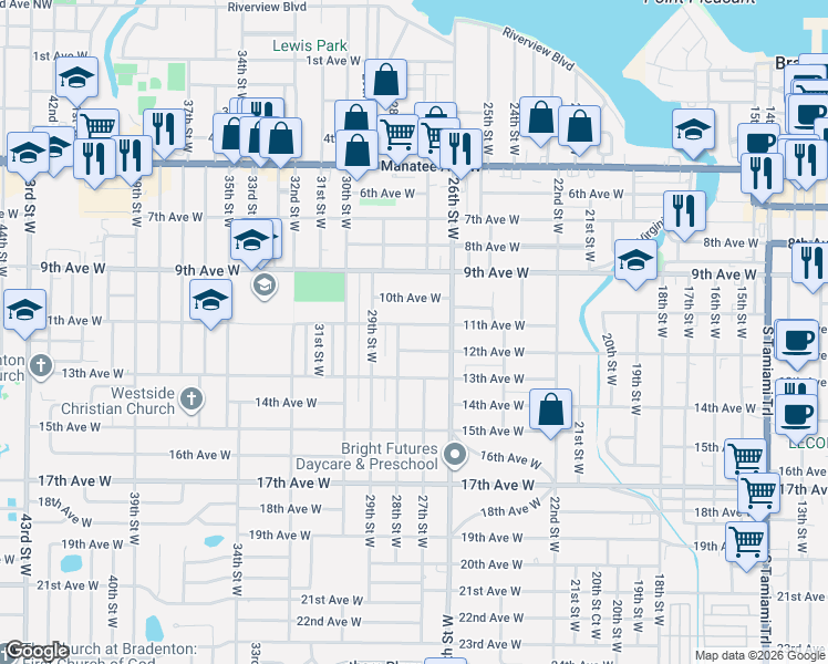 map of restaurants, bars, coffee shops, grocery stores, and more near 2622 11th Avenue West in Bradenton