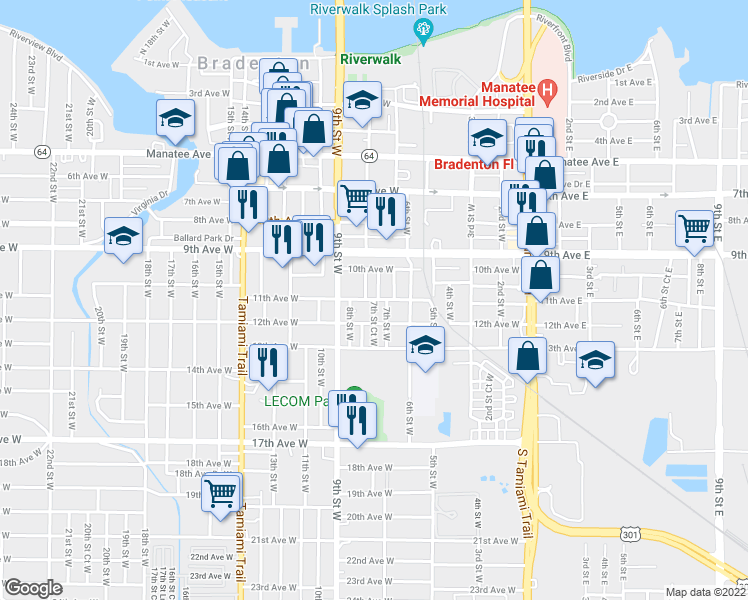 map of restaurants, bars, coffee shops, grocery stores, and more near 1100 7th Street Court West in Bradenton