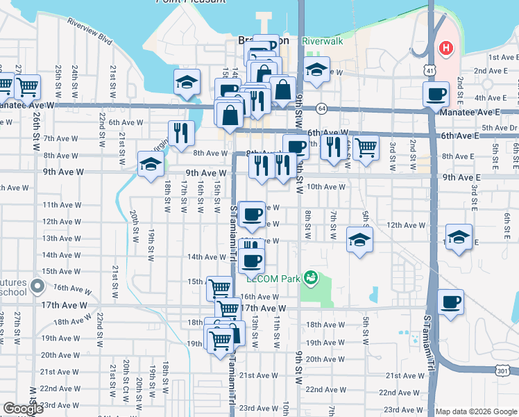 map of restaurants, bars, coffee shops, grocery stores, and more near 1209 11th Avenue West in Bradenton