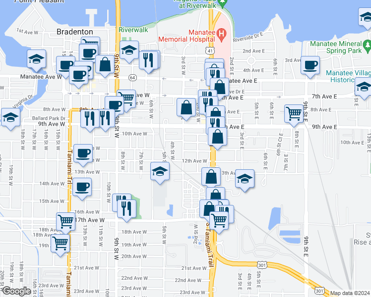 map of restaurants, bars, coffee shops, grocery stores, and more near 1031 3rd Street West in Bradenton