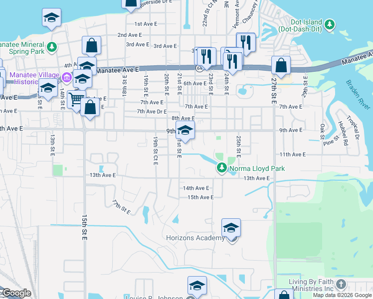 map of restaurants, bars, coffee shops, grocery stores, and more near 921 21st Street Court East in Bradenton