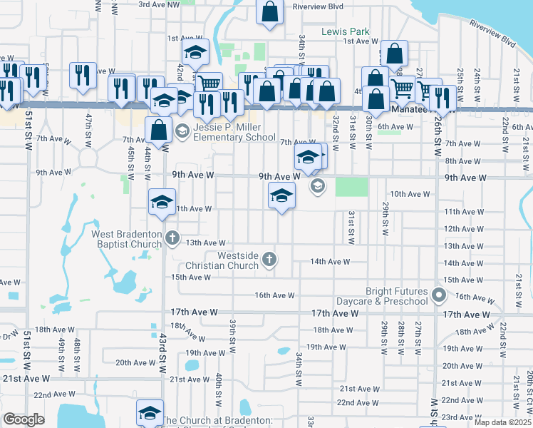 map of restaurants, bars, coffee shops, grocery stores, and more near 3604 11th Avenue West in Bradenton