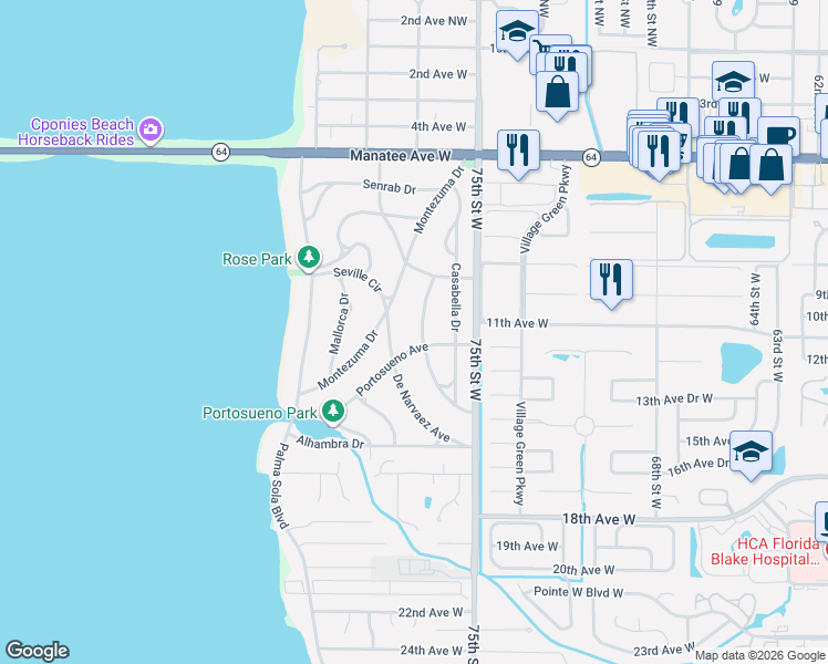 map of restaurants, bars, coffee shops, grocery stores, and more near 1103 De Narvaez Avenue in Bradenton