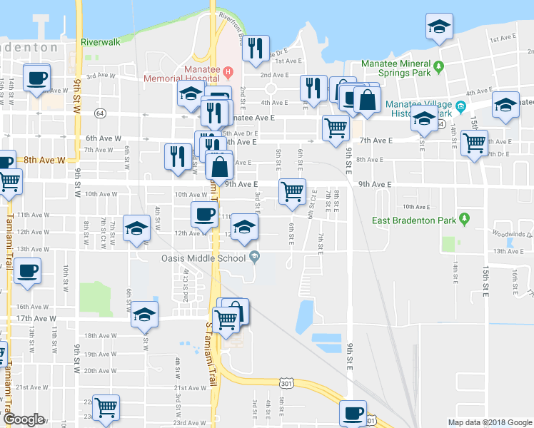 map of restaurants, bars, coffee shops, grocery stores, and more near 319 11th Avenue East in Bradenton