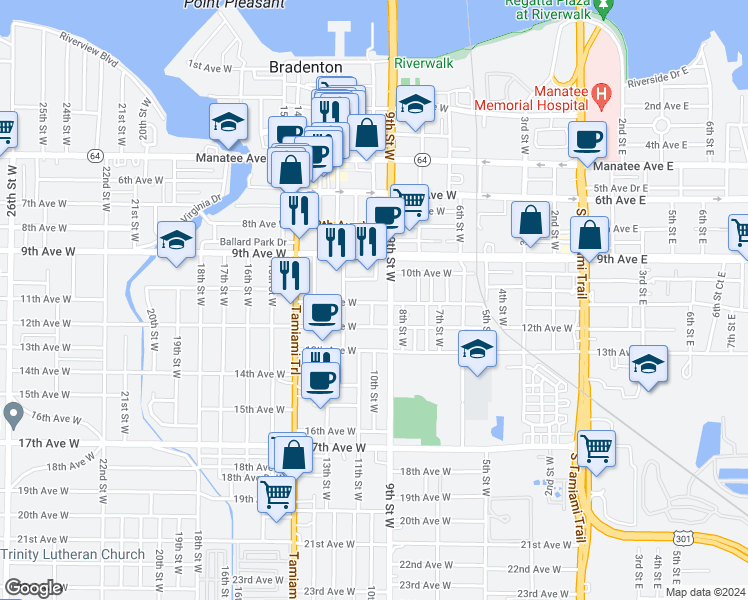 map of restaurants, bars, coffee shops, grocery stores, and more near 918 11th Avenue West in Bradenton