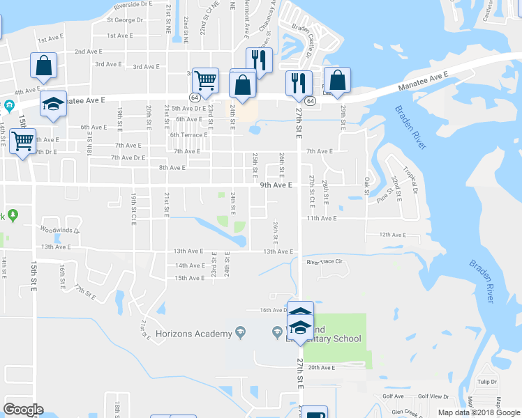 map of restaurants, bars, coffee shops, grocery stores, and more near 2505 10th Avenue Drive East in Bradenton