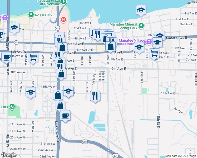 map of restaurants, bars, coffee shops, grocery stores, and more near 1006 6th Street Court East in Bradenton