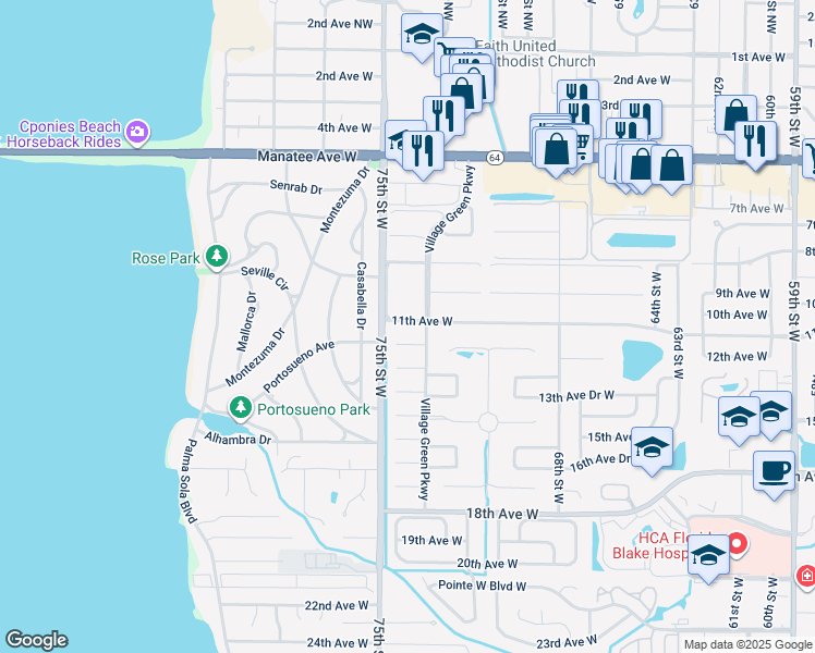 map of restaurants, bars, coffee shops, grocery stores, and more near 1010 Village Green Parkway in Bradenton
