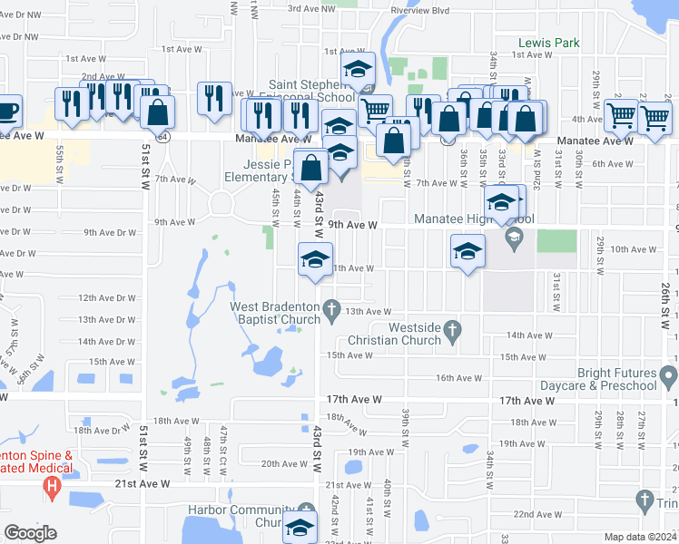 map of restaurants, bars, coffee shops, grocery stores, and more near 4131 11th Avenue West in Bradenton