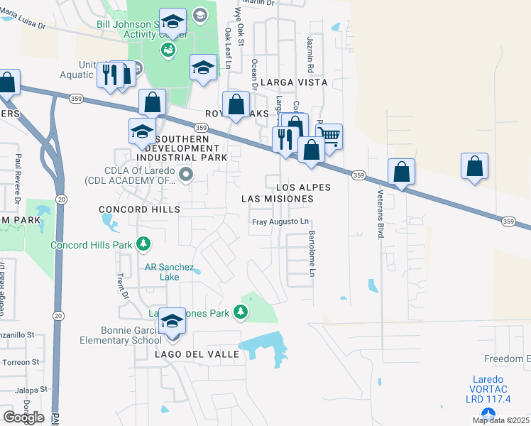 map of restaurants, bars, coffee shops, grocery stores, and more near 6013 Diego Lane in Laredo