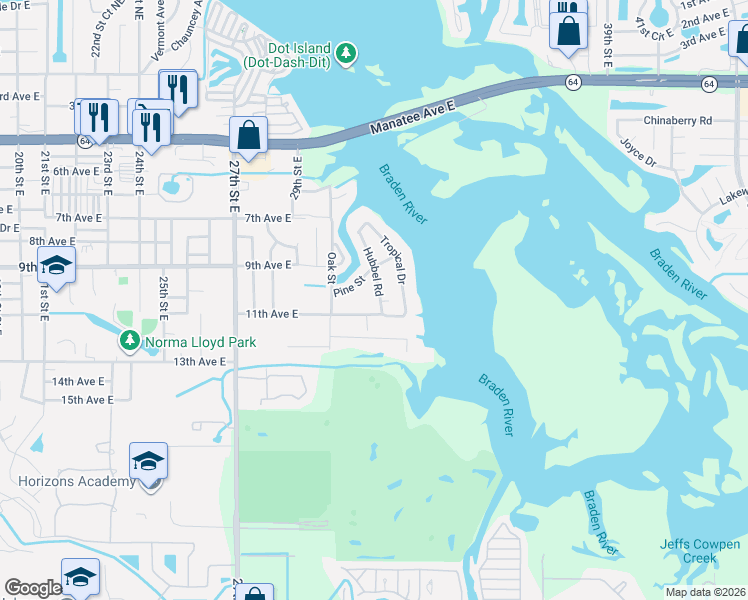 map of restaurants, bars, coffee shops, grocery stores, and more near 1001 Hubbel Road in Bradenton