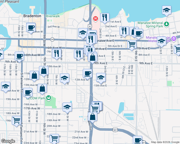 map of restaurants, bars, coffee shops, grocery stores, and more near 1000 1st Street West in Bradenton