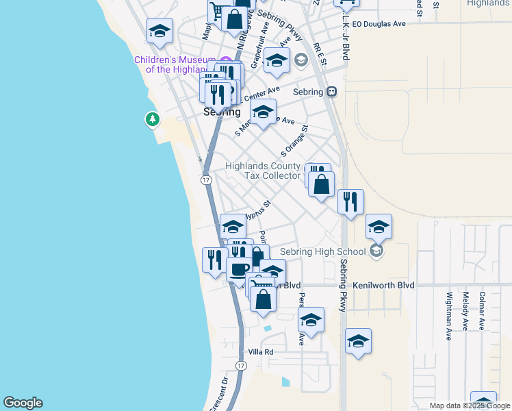 map of restaurants, bars, coffee shops, grocery stores, and more near 418 Poinsettia Avenue in Sebring