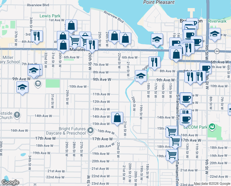 map of restaurants, bars, coffee shops, grocery stores, and more near 2212 11th Avenue West in Bradenton