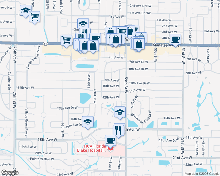 map of restaurants, bars, coffee shops, grocery stores, and more near 6103 10th Avenue West in Bradenton
