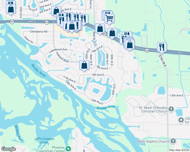 map of restaurants, bars, coffee shops, grocery stores, and more near 4831 9th Avenue East in Bradenton