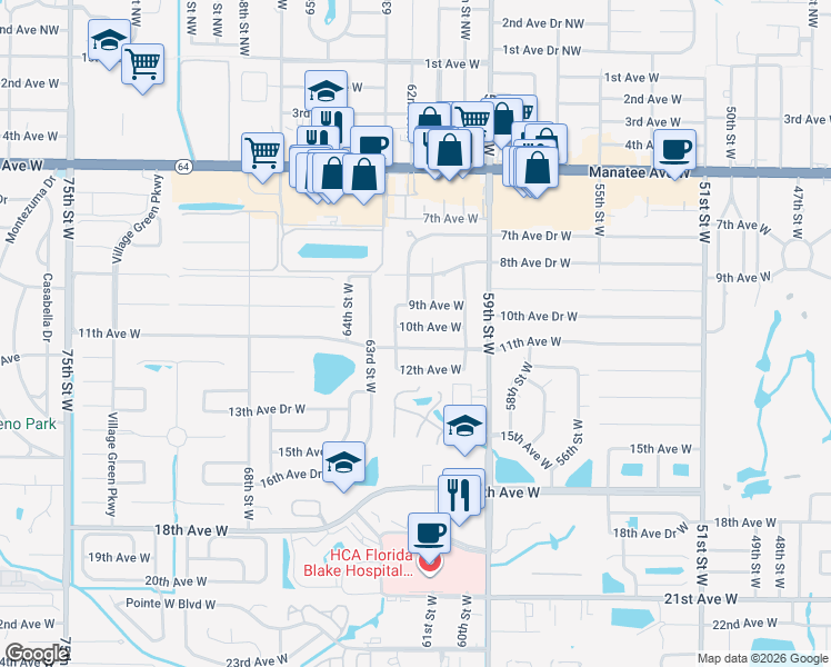 map of restaurants, bars, coffee shops, grocery stores, and more near 6103 10th Avenue West in Bradenton