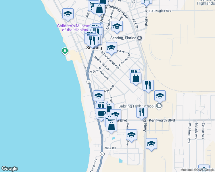 map of restaurants, bars, coffee shops, grocery stores, and more near 418 Poinsettia Avenue in Sebring