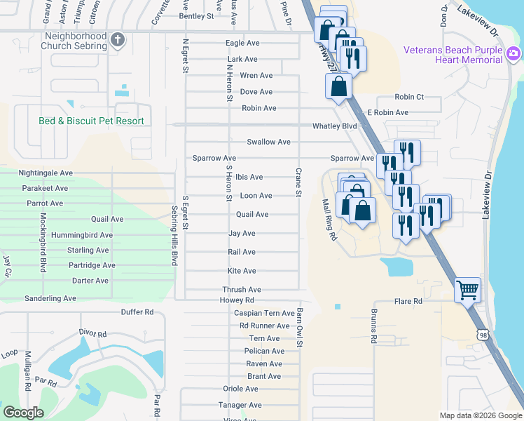 map of restaurants, bars, coffee shops, grocery stores, and more near 221 Quail Avenue in Sebring