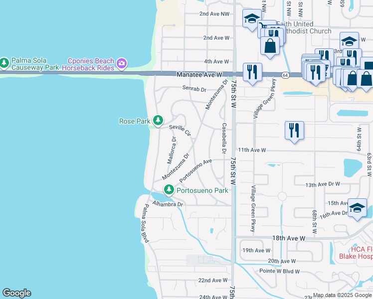 map of restaurants, bars, coffee shops, grocery stores, and more near 1102 Montezuma Drive in Bradenton